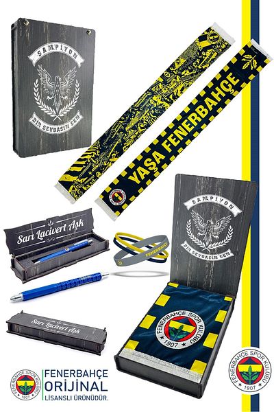 Fenerbahçe Original Licensed Satin Shawl Scarf + Tip Pen + Bracelet Set with Wooden Box