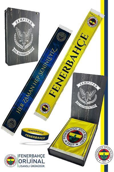 Fenerbahçe Original Licensed We Are Always Here Shawl Scarf and Bracelet Set Gift Wooden Box