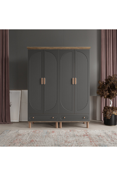 beenal Bohem 4 Kapılı Gardırop Çekmeceli Dolap 160cm - Atlantik Çam/antrasit