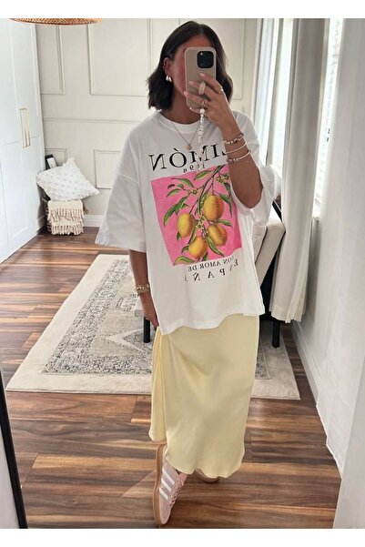 Carlson Beyaz Unisex Limon Baskılı Oversize T-Shirt