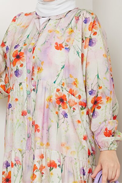 Bestenur Φόρεμα Hijab με μοτίβο λουλουδιών μανίκι 1570 - Λιλά