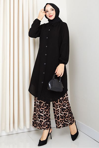 Bestenur Larya Woven Viscose Double Set 1577 - Μαύρο