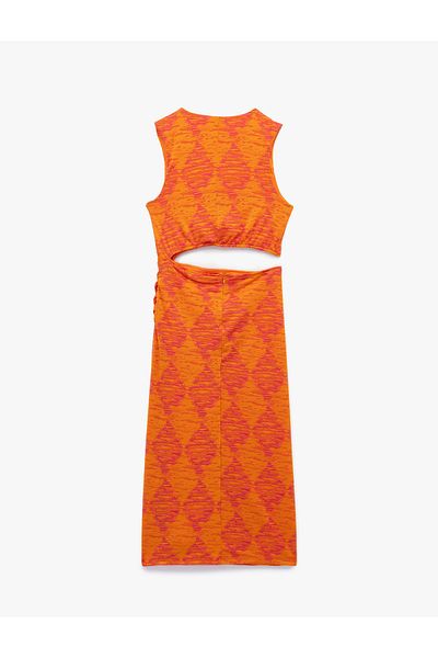 Koton Asymmetrical Window Detail Sleeveless Crew Neck Patterned Dress