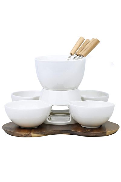 Shallow By Styli Shallow Acacia Wood Porcelain with Stainless Steel Single 10 Pieces Fondue Set