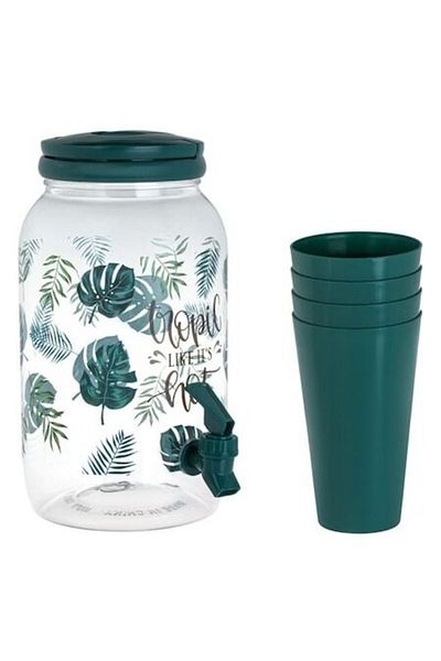 ANTBRO Dozator Bauturi Transparent cu Model Frunze Tropicale si 4 Pahare din Plastic, 3.8L