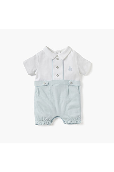 giggles Sail Boat Embroidered Romper with Collar and Short Sleeves