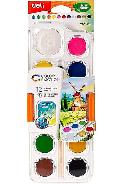 Deli Painting Water Colors With Brush 12-Colors, 28 Mm Diameter