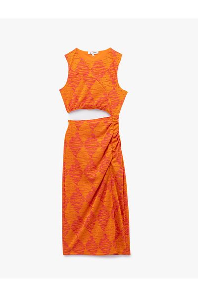 Koton Asymmetrical Window Detail Sleeveless Crew Neck Patterned Dress