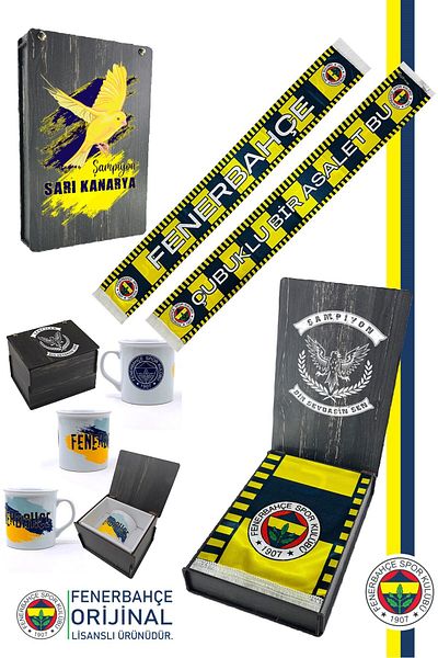 Fenerbahçe Original Licensed a Nobility with a Stick Shawl Scarf Ceramic Mug Set Canary Printed Wooden Box