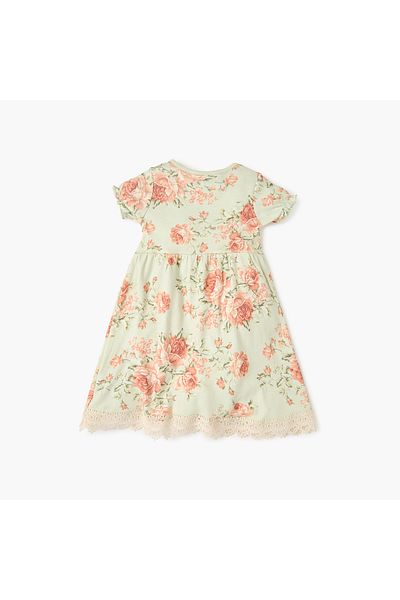 Juniors Floral Print A-line Dress with Short Sleeves and Lace Detail