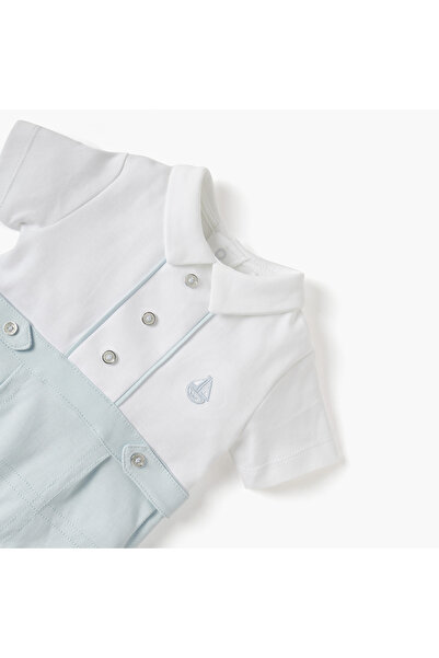 giggles Sail Boat Embroidered Romper with Collar and Short Sleeves