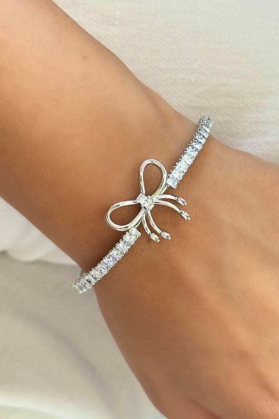 TAKIŞTIR Silver Color Ribbon Figured Stone Detailed Handcuff Bracelet