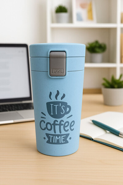 Tohana Blue "It's Coffee Time" Written Glass Mug with Protective Case and Lockable Lid 370ml