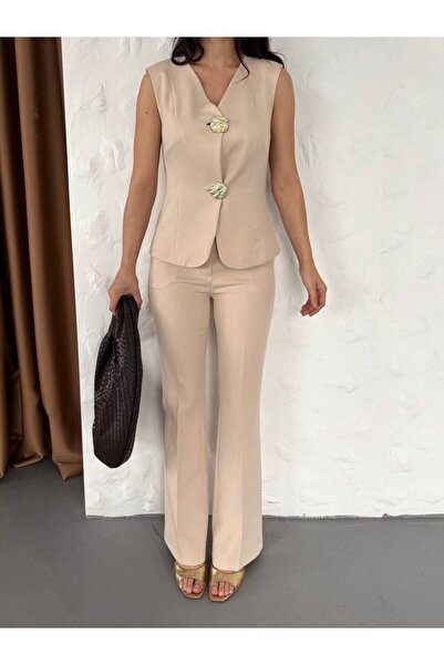 STMT BUTİK Kadın Altın Düğme Detaylı Blazer Yelek ve Pantolon Takım – Yeni Sezon123