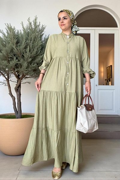 Aselim Hijap Moda Καλοκαιρινό φόρεμα με ρόμπα από ύφασμα φράουλα |   Με κουμπί και άνετη εφαρμογή Ανοιχτό πράσινο
