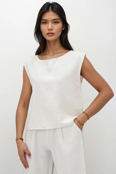 VAGGON Ecru Crew Neck Sleeveless Linen Blouse
