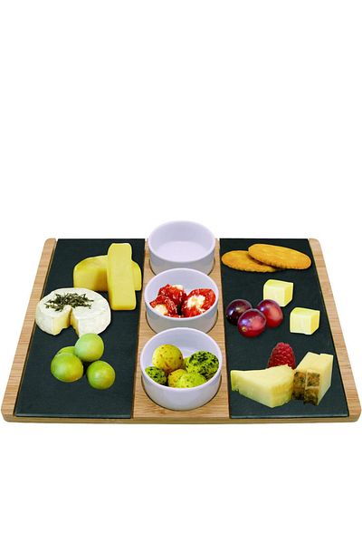 Cuisine Art By Styli Cuisine Art Bamboo and Slate Serving Plate & 3 white Ceramic Bowls