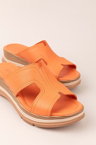 Gondol Kadın Hakiki Deri Şık Günlük Rahat Terlik ez.2565 Turuncu