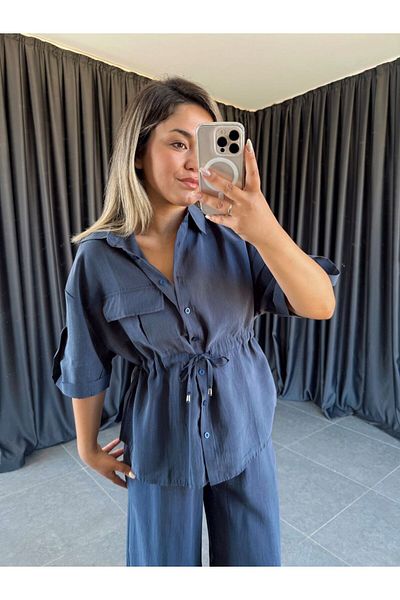 BÜŞRA PERKER Navy Blue Shirt Trousers Set