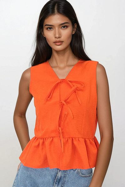 VAGGON Orange V-Neck Bow Detailed Skirt Flounced Aerobin Blouse