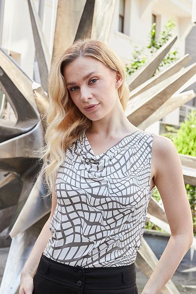 Jument Women's Lycra Shiny Fabric Printed Degaje Collar Sleeveless Body Blouse-Mink Pattern