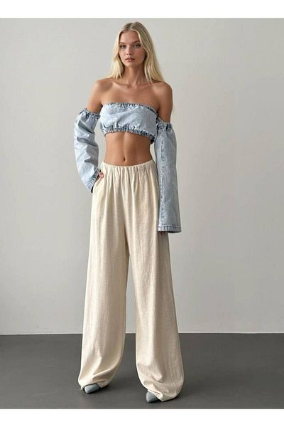 Ecenin Favorileri Elastic Waist Draped Palazzo Linen Women's Trousers