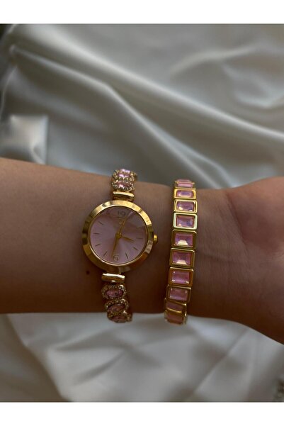 begonvil jewerly Vintage Görünümlü Pembe Taşlı Saat