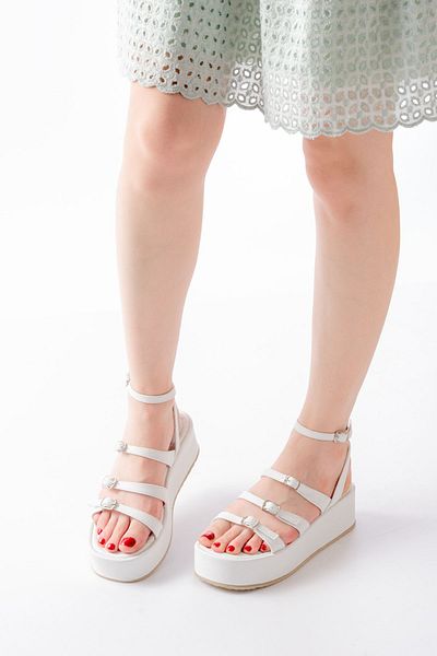infon shoes creation 861-1222 White Buckle Ankle Strap Wedge Women's Sandals