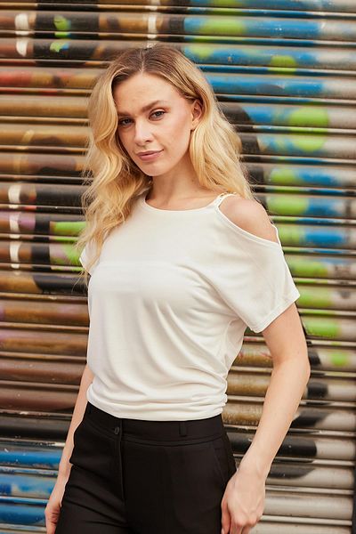 Jument Women's Modal Combed Cotton Wide Zero Neck Off Shoulder Low Shoulder Blouse with Accessories-Cream