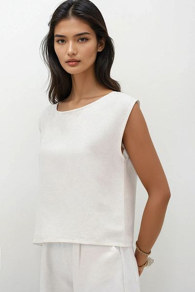 VAGGON Ecru Crew Neck Sleeveless Linen Blouse