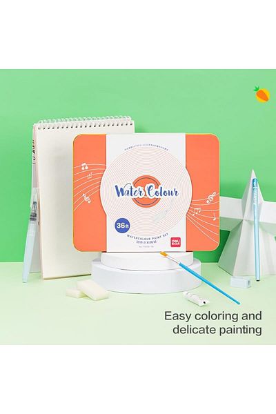 Deli 73936-36 Solid Watercolor Paint, Brushes and Accessories Set in Metal Box for Kids and Beginner