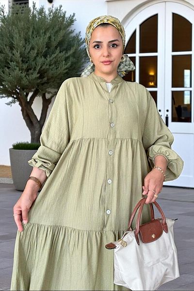 Aselim Hijap Moda Καλοκαιρινό φόρεμα με ρόμπα από ύφασμα φράουλα |   Με κουμπί και άνετη εφαρμογή Ανοιχτό πράσινο