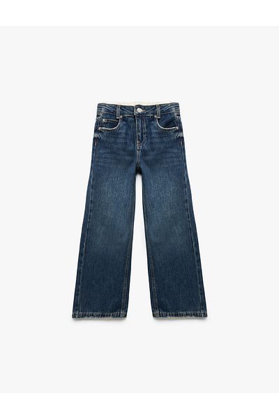 Koton Cotton Wide Leg Denim Pants with Tie-Up Waist