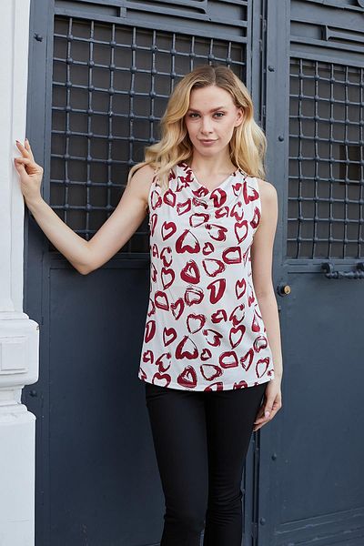 Jument Women's Lycra Shiny Fabric Printed Degaje Collar Sleeveless Body Blouse-Red Heart