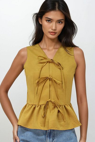 VAGGON Mustard V-Neck Bow Detailed Skirt Flared Aerobin Blouse