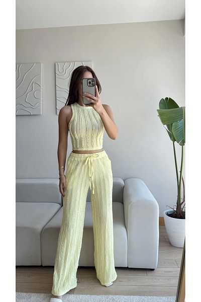 Zoom Butik Halter Ribbed Double Set - Yellow