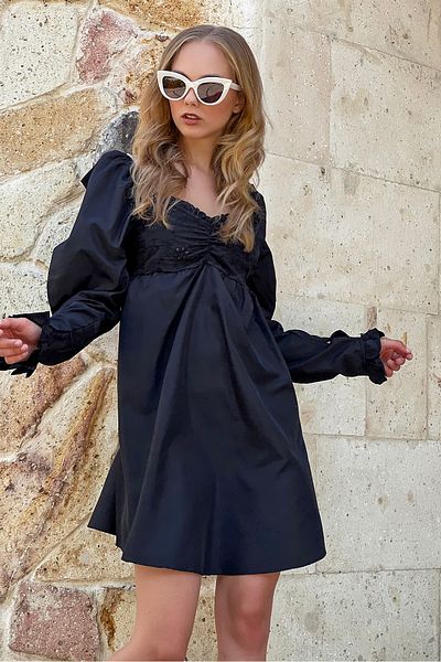 VAGGON Γυναικείο Μίνι Μίνι Φόρεμα με Μαύρο Γιακά Πριγκίπισσας Φιόγκος Κεντημένο Μίνι Μέγεθος Prmx8893