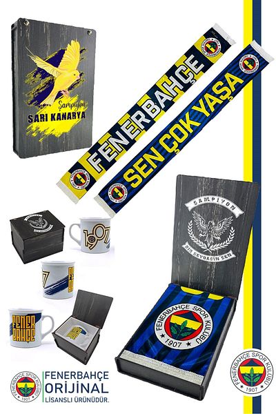 Fenerbahçe Original Licensed Longslive Shawl Scarf Ceramic Mug Set Canary Printed Wooden Box