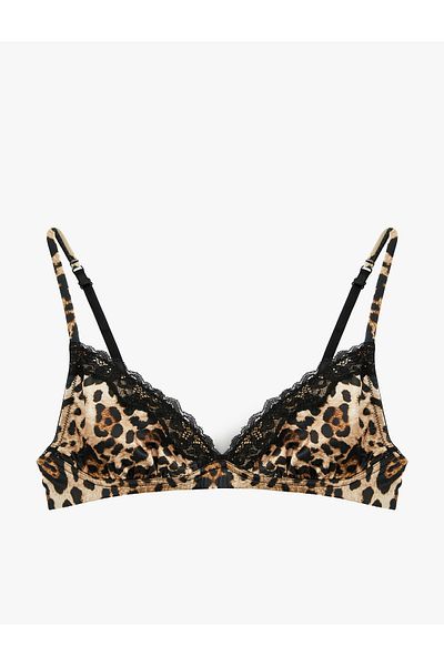 Koton Leopard Patterned Bra with Lace Detail, No Underwire, No Padding