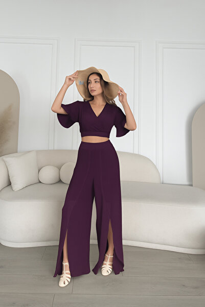 Moda Hour Pantaloni violet cu fantă - Set crop pentru femei