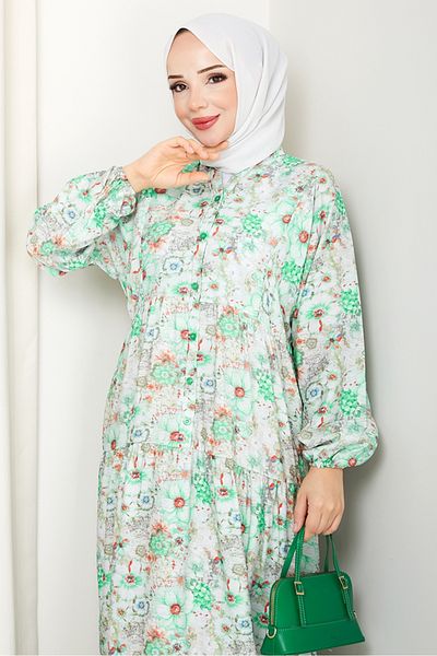 Bestenur Elera Φόρεμα Hijab με μοτίβο μανίκι νυχτερίδας 1572 - Πράσινο
