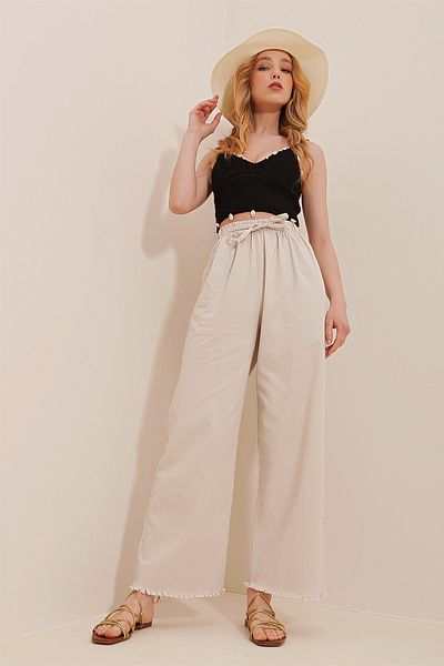 VAGGON Pantaloni de damă, bej, cu ciucuri, cu talie înaltă, Palazzo Jean Vgn-x8930