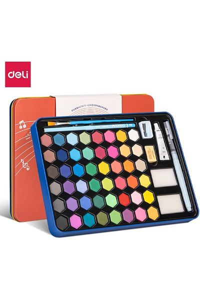 Deli 73936-48 Solid Watercolor Paint, Brushes and Accessories Set in Metal Box for Kids and Beginner