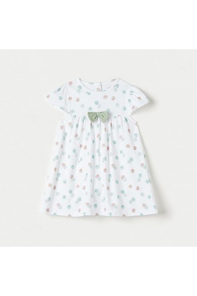 Juniors Printed A-line Dress with Short Sleeves and Bow Detail