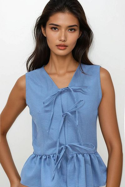 VAGGON Airman Blue V-Neck Bow Detailed Skirt Flounced Aerobin Blouse