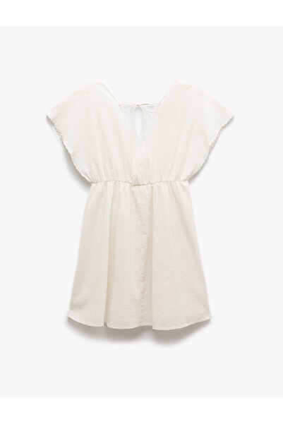 Koton Cotton Lined Floral Embroidery Detailed Brodey Bat Sleeve V Neck Mini Dress