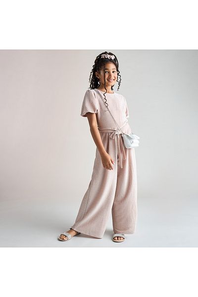Juniors Textured Round Neck Jumpsuit with Tie-Up Detail