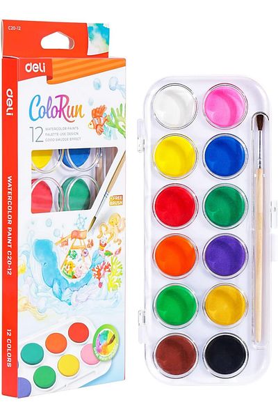 Deli EC20-12 Colorun f28mm Watercolor Paint with Free Brush in A Box 12-Pieces Set