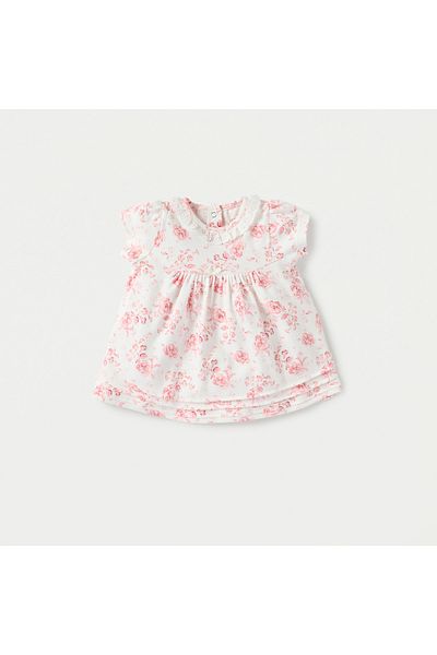 Juniors Floral Print A-line Dress with Round Neck and Short Sleeves