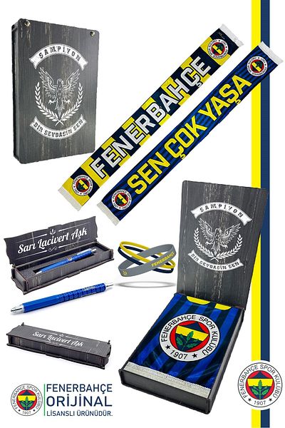 Fenerbahçe Original Licensed Longslive Satin Shawl Scarf + Tip Pen + Bracelet Set Gift Set